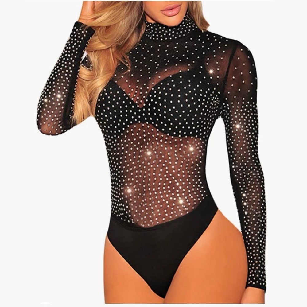 Women's Sheer Black Rhinestone Studded Bodysuit